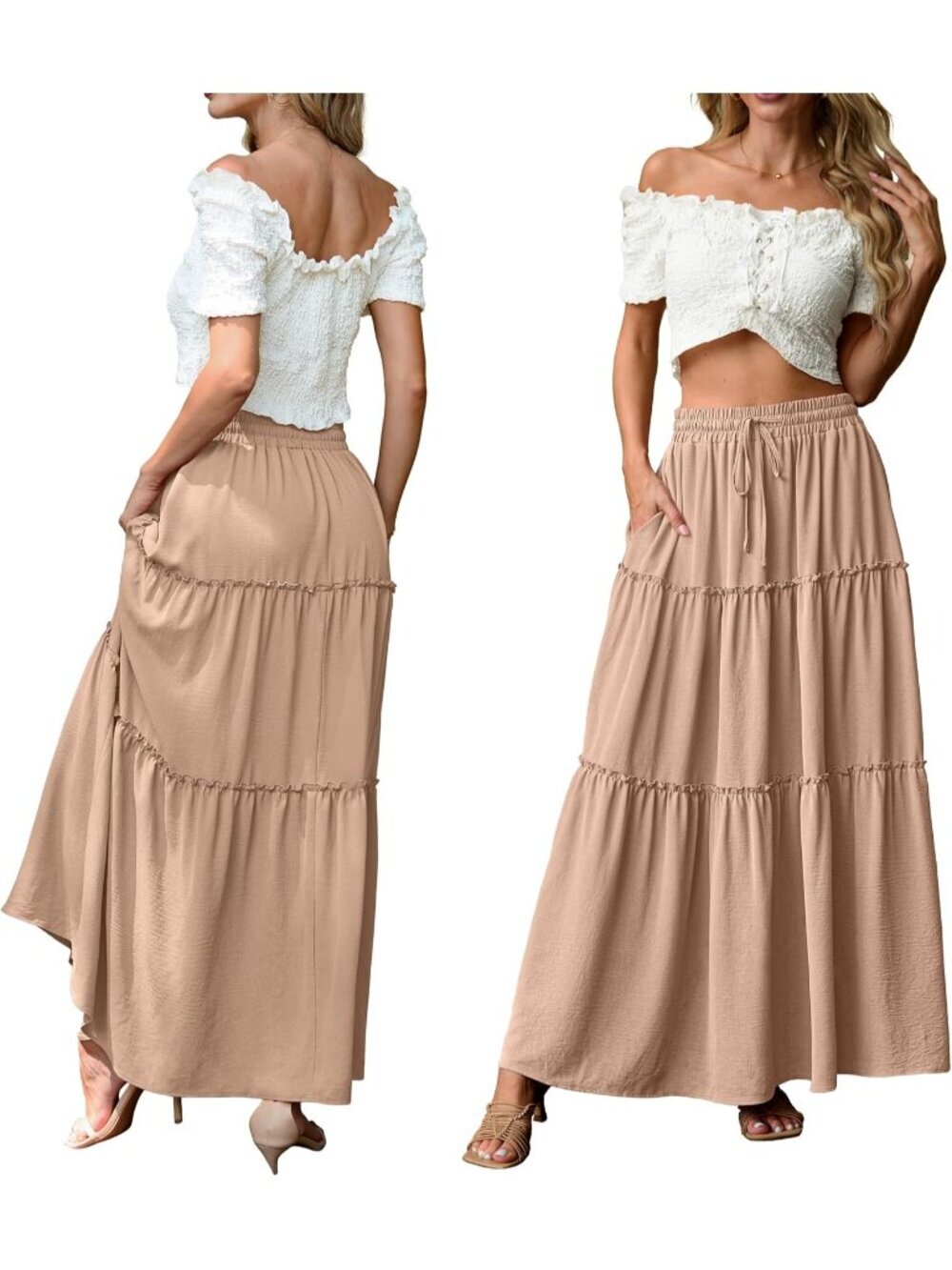 Women's Boho High Waisted A-Khaki Maxi Skirts Tiered Floral Long Skirts - Picture 4 of 5